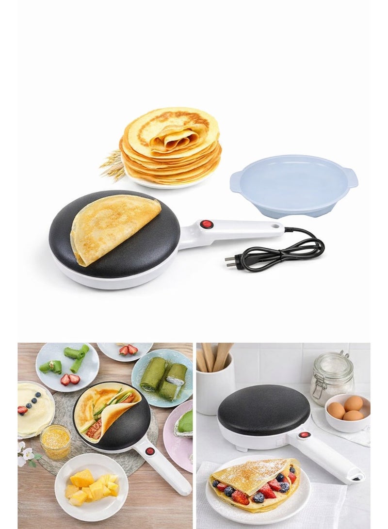An electric device for making crepes or pancakes. It features a simple and lightweight design with a non-stick cooking surface that allows for easy and quick preparation of crepes. It is used by heating the surface and placing the mixture on it to make even and fluffy crepes. - Image 1